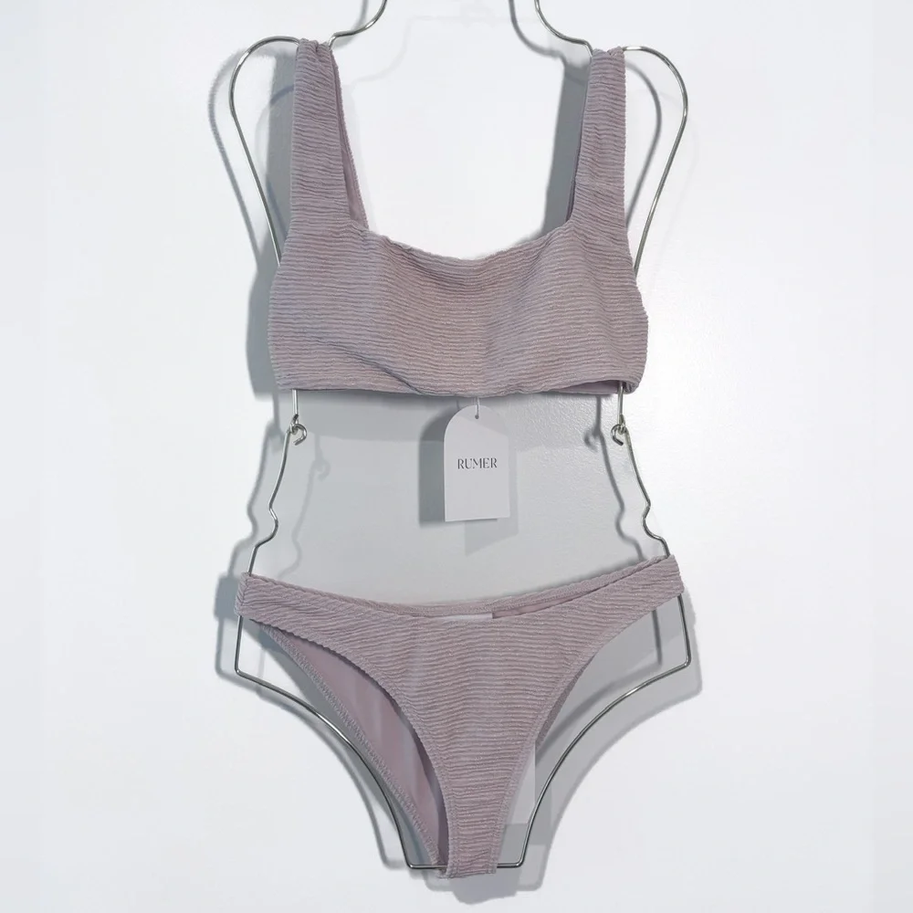 Rumer Rosa Ribbed 2 Piece Square Neck Bikini Swimsuit Set Nude Size Medium NWT